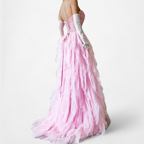 Vintage Pastel Pink Strapless Beaded Ruffle Fit Flared Formal Prom Dress Size M - Picture 4 of 8